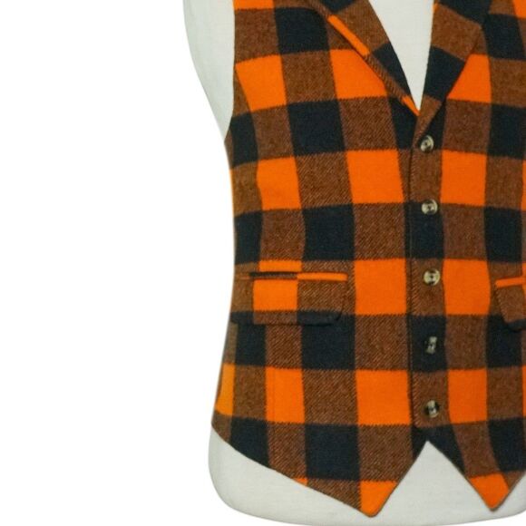 Mens 46R Wool Buffalo Plaid Vest Orange Black Waistcoat Formal Party Casual - Picture 6 of 8